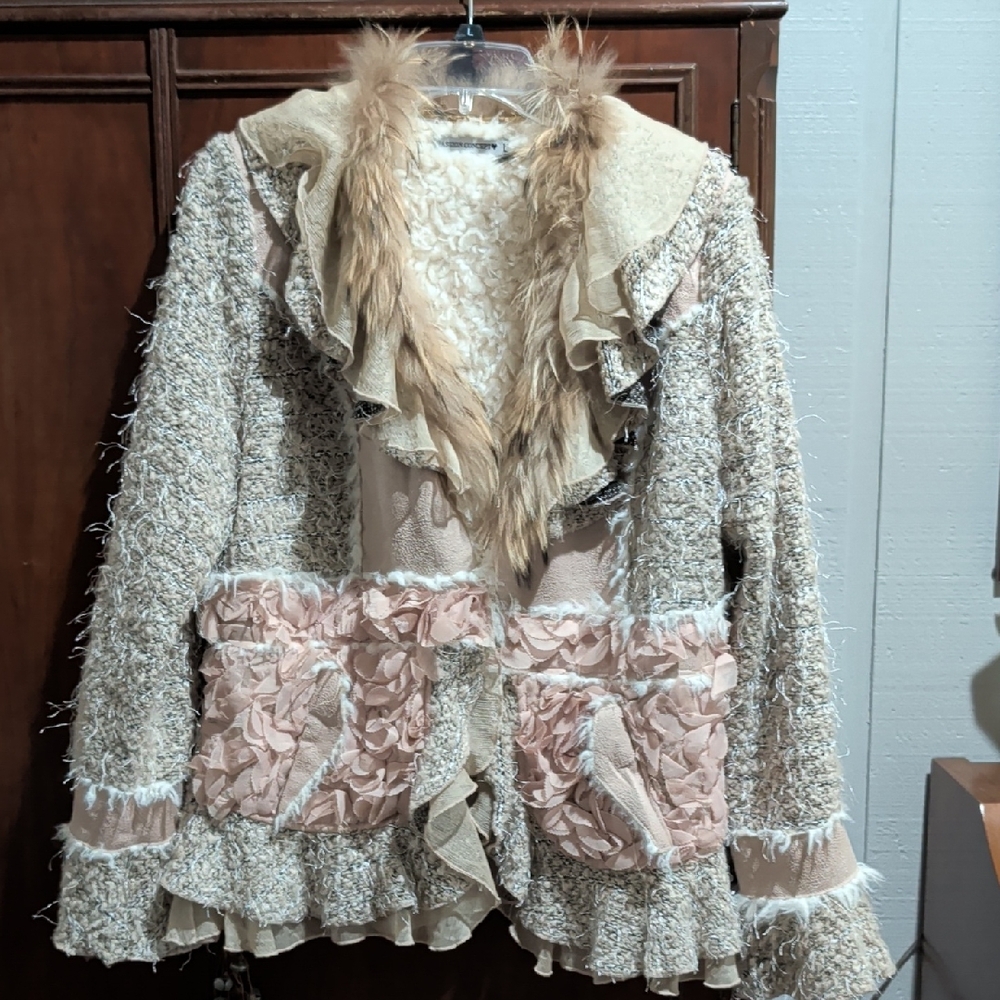 Textured Beige & Blush Ruffle Blazer with Faux Fur Trim